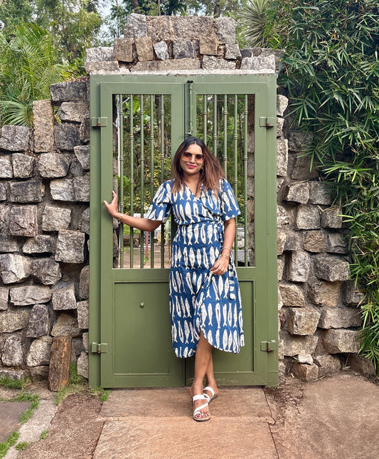 Freya Indigo Hand Block Printed Wrap Dress