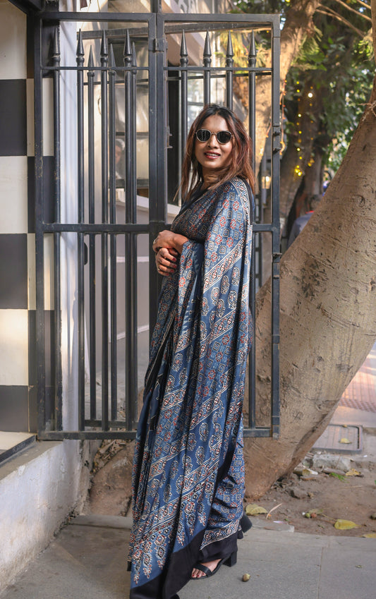 Saaya Blue Ajrakh Modal Silk Saree
