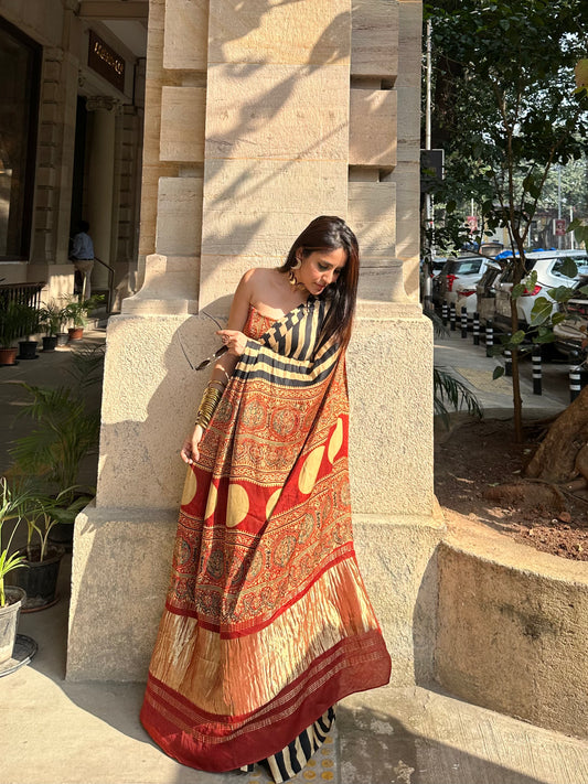 Kanak - Modal Silk Ajrakh Hand Block Printed Saree
