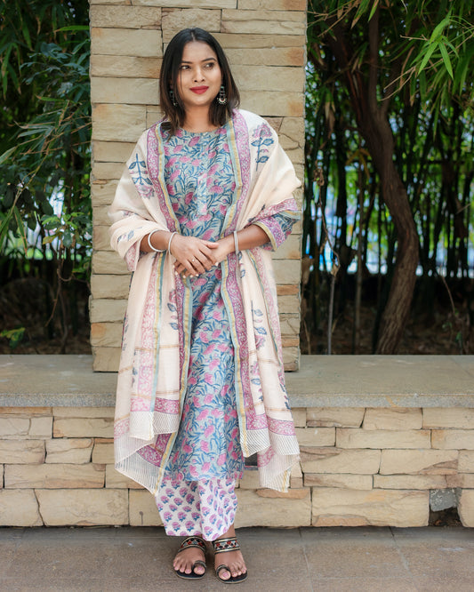 Saanjh Hand Block Printed Pastel Blue Bagru Chanderi Straight Suit Set
