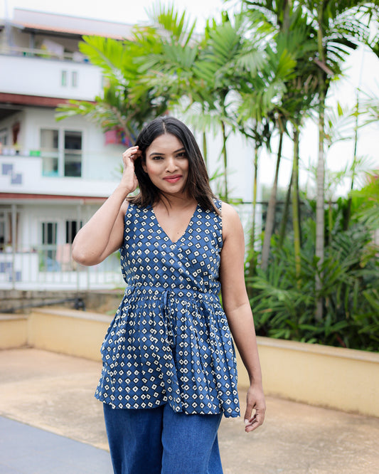 Noel - Blue Dabu Hand Block Printed Cotton Top