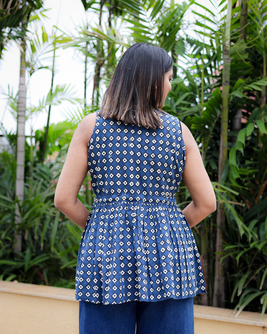 Noel - Blue Dabu Hand Block Printed Cotton Top