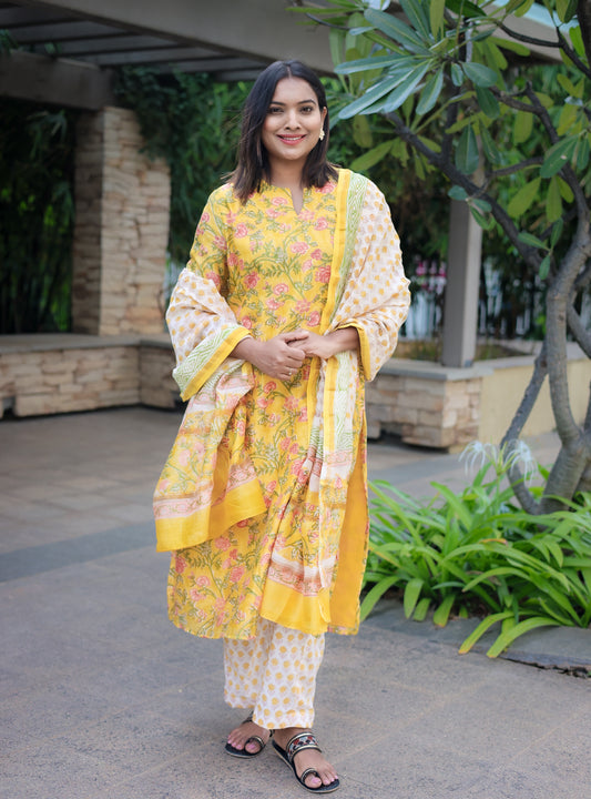 Aafreen Yellow Bagru Band Block Printed Straight Cut Chanderi Suit Set