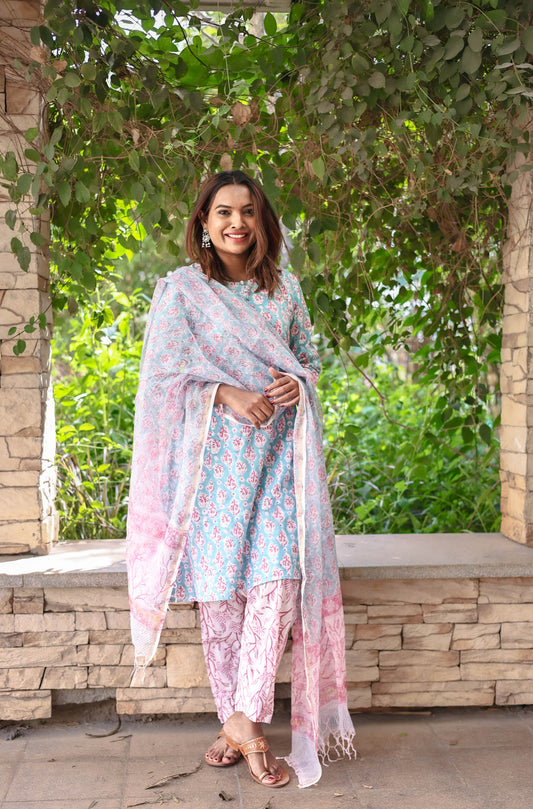 Noorvi - Hand Block Printed Cotton Suit with Kota Doria Dupatta