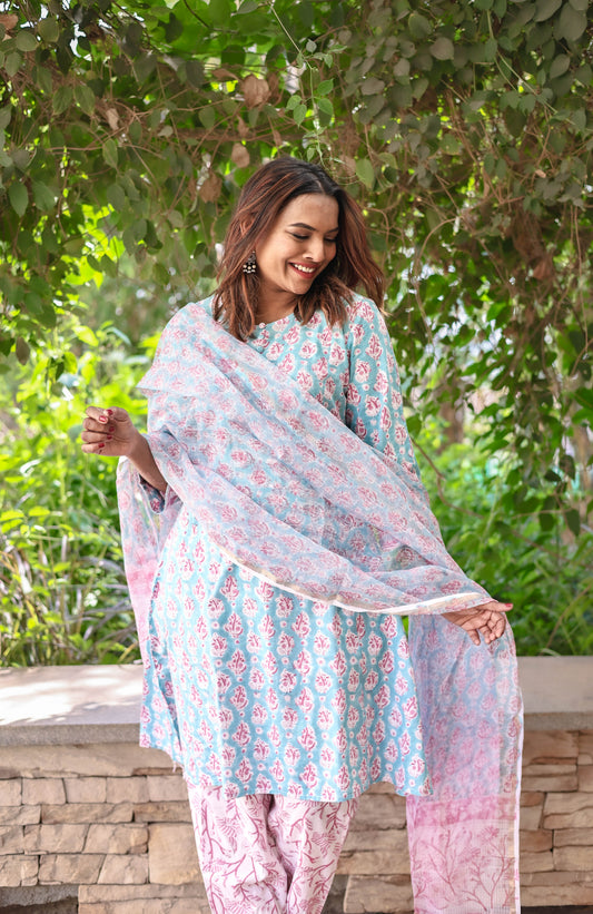 Noorvi - Hand Block Printed Cotton Suit with Kota Doria Dupatta
