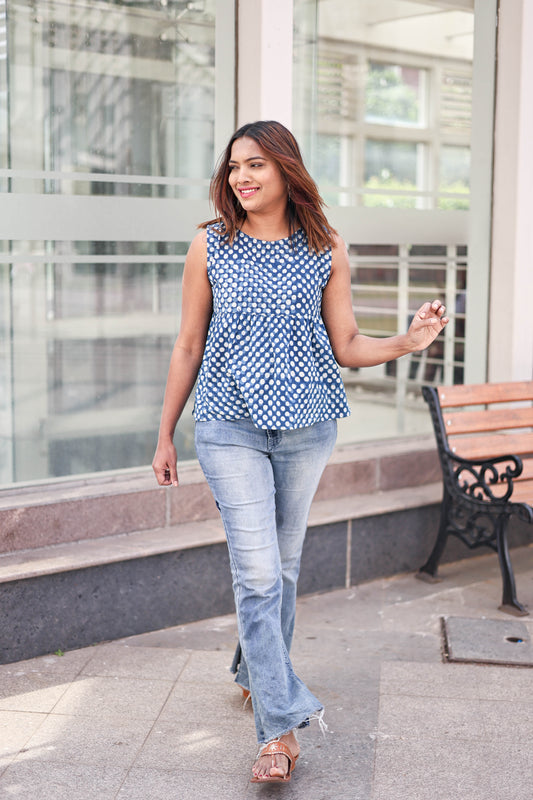 Ria Blue Hand Block Printed Polka Dot Sleeveless Peplum Top