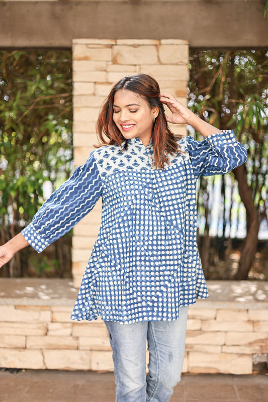 Ayesha Blue Hand Block Printed Kurti Top