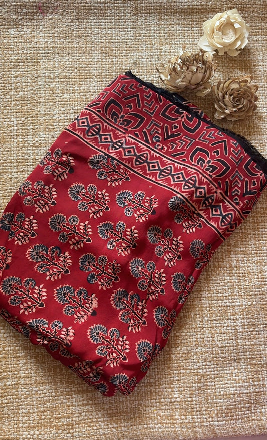 Shabana Ajrakh Hand Block Printed Modal Silk Saree Maroon