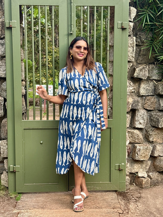 Freya Indigo Hand Block Printed Wrap Dress