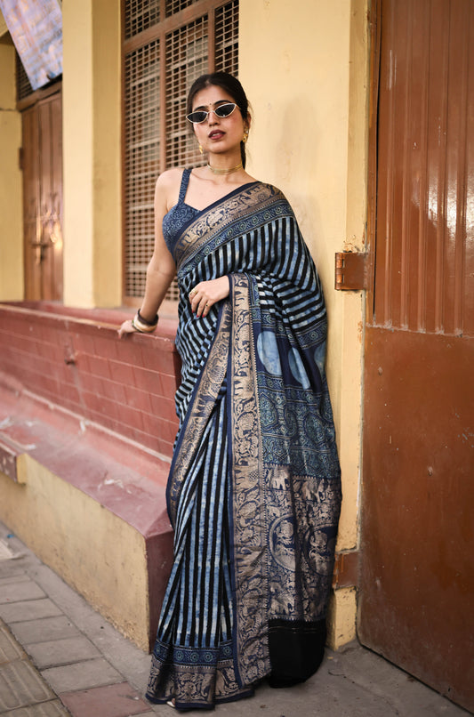 Amayra Blue Ajrakh Dola Silk Saree