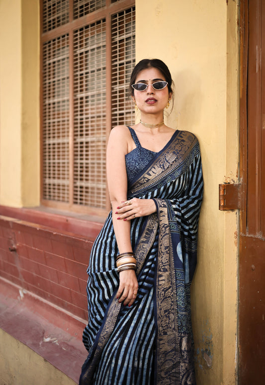 Amayra Blue Ajrakh Dola Silk Saree