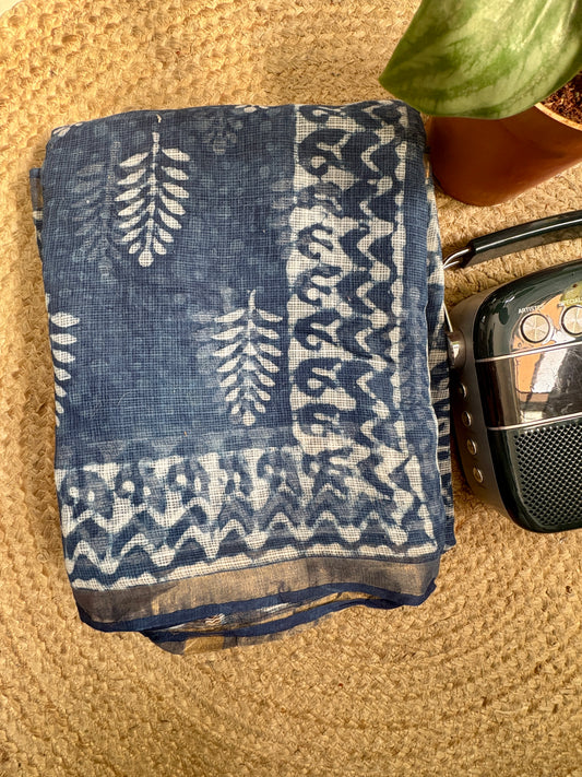 Raahi Kota Doria Indigo Hand Block Printed Saree