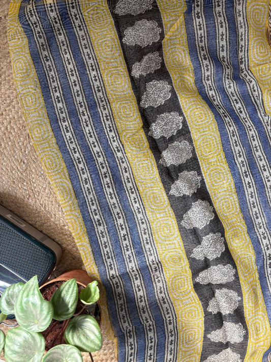 Sakhi Kota Doria Indigo Hand Block Printed Saree