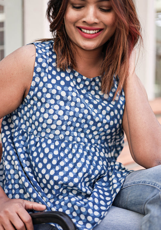 Ria Blue Hand Block Printed Polka Dot Sleeveless Peplum Top