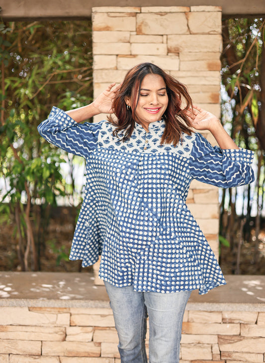 Ayesha Blue Hand Block Printed Kurti Top
