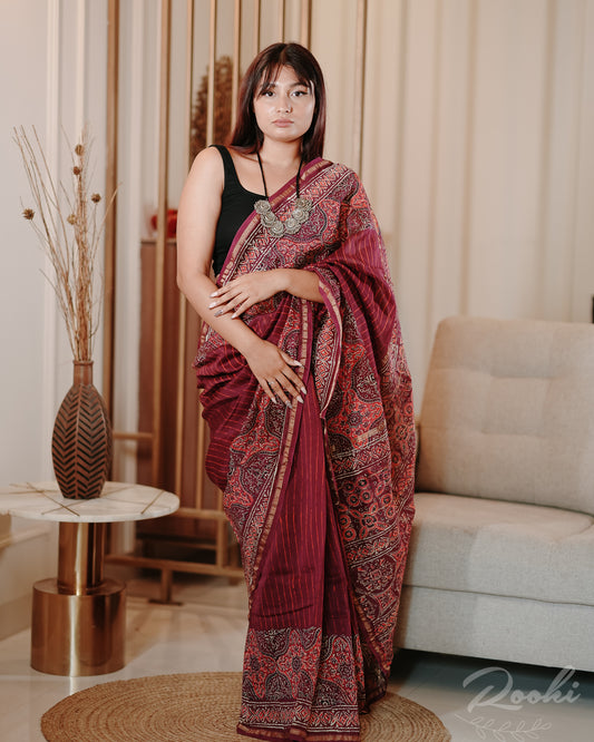 Ahira Block Printed Chanderi Silk Saree